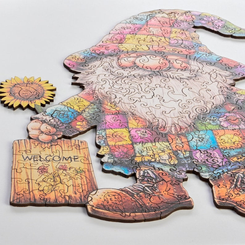 Spring Gnome Wooden Jigsaw Puzzle for Adults - 200 Pieces Whimsical Folk Art Challenge - Garden Lover Self care Gift - Premium Wooden Box