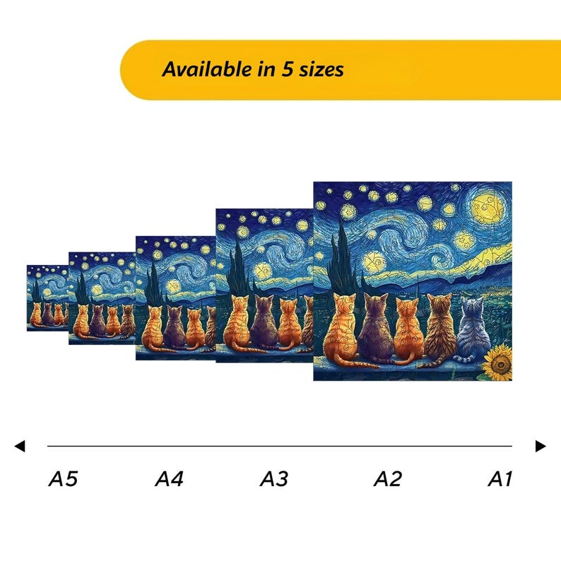 Wooden Puzzle Van Gogh Cats – Unique Starry Night Art Jigsaw, Handmade Cat Puzzle Decor, Gift for Puzzle Lovers