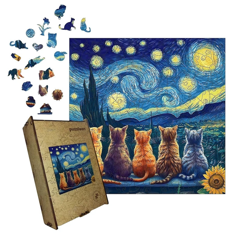Wooden Puzzle Van Gogh Cats – Unique Starry Night Art Jigsaw, Handmade Cat Puzzle Decor, Gift for Puzzle Lovers