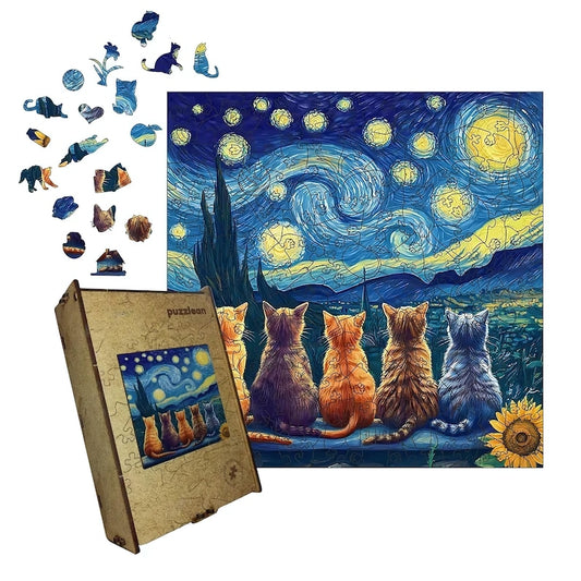 Wooden Puzzle Van Gogh Cats – Unique Starry Night Art Jigsaw, Handmade Cat Puzzle Decor, Gift for Puzzle Lovers