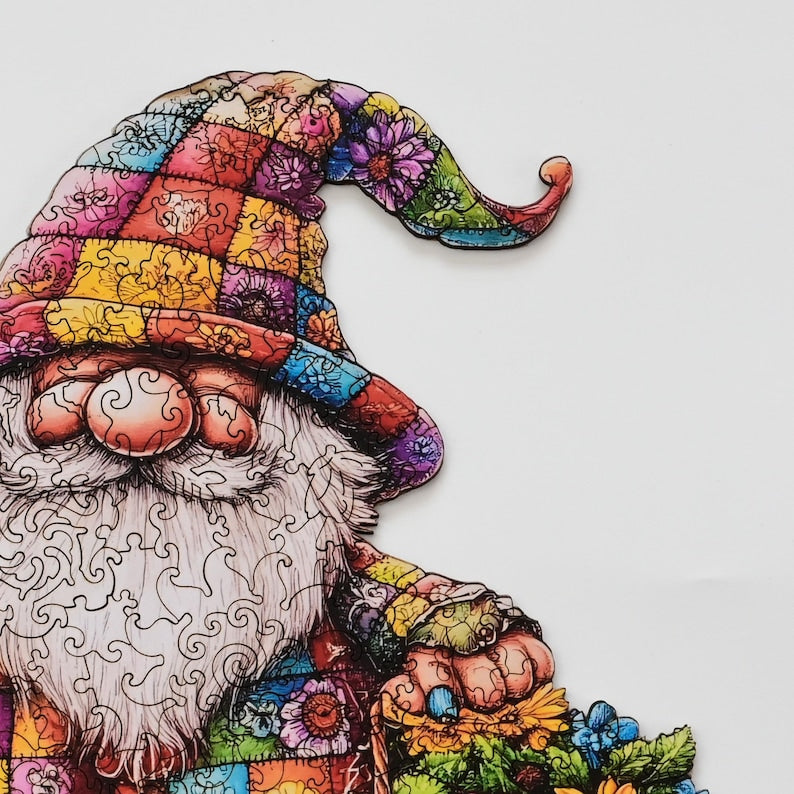 Spring Gnome Wooden Jigsaw Puzzle for Adults - 200 Pieces Whimsical Folk Art Challenge - Garden Lover Self care Gift - Premium Wooden Box