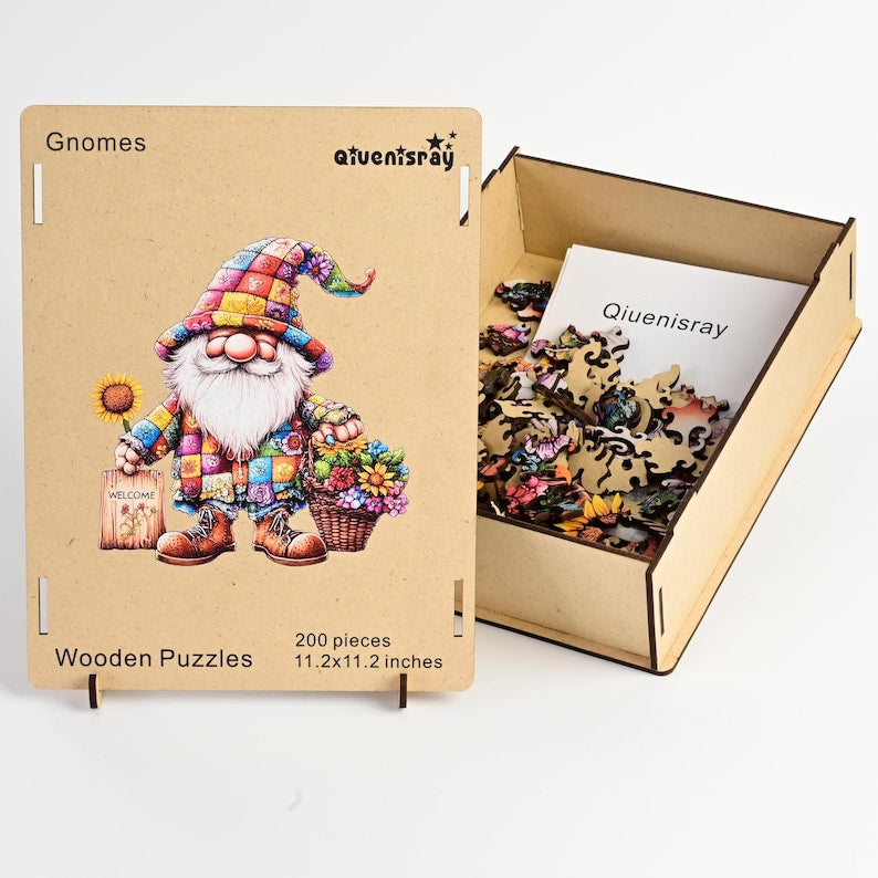 Spring Gnome Wooden Jigsaw Puzzle for Adults - 200 Pieces Whimsical Folk Art Challenge - Garden Lover Self care Gift - Premium Wooden Box