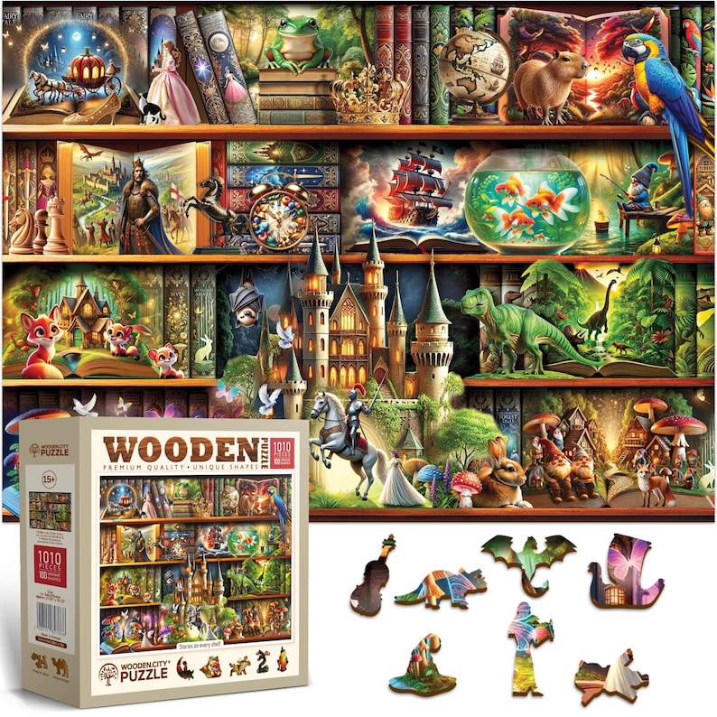 Wooden Jigsaw Puzzle “Stories on Every Shelf” – 1000 Piece Wooden Puzzle - Unique Unusual Jigsaw Puzzles with Shaped Pieces by Wooden.City