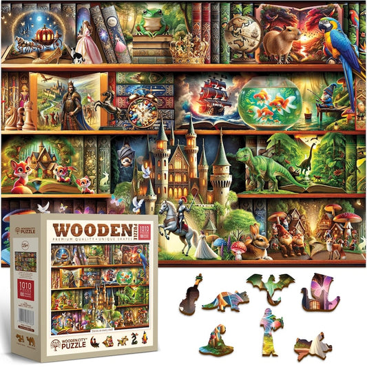 Wooden Jigsaw Puzzle “Stories on Every Shelf” – 1000 Piece Wooden Puzzle - Unique Unusual Jigsaw Puzzles with Shaped Pieces by Wooden.City