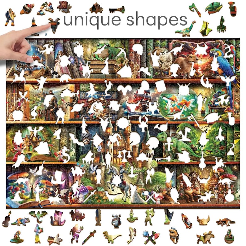 Wooden Jigsaw Puzzle “Stories on Every Shelf” – 1000 Piece Wooden Puzzle - Unique Unusual Jigsaw Puzzles with Shaped Pieces by Wooden.City