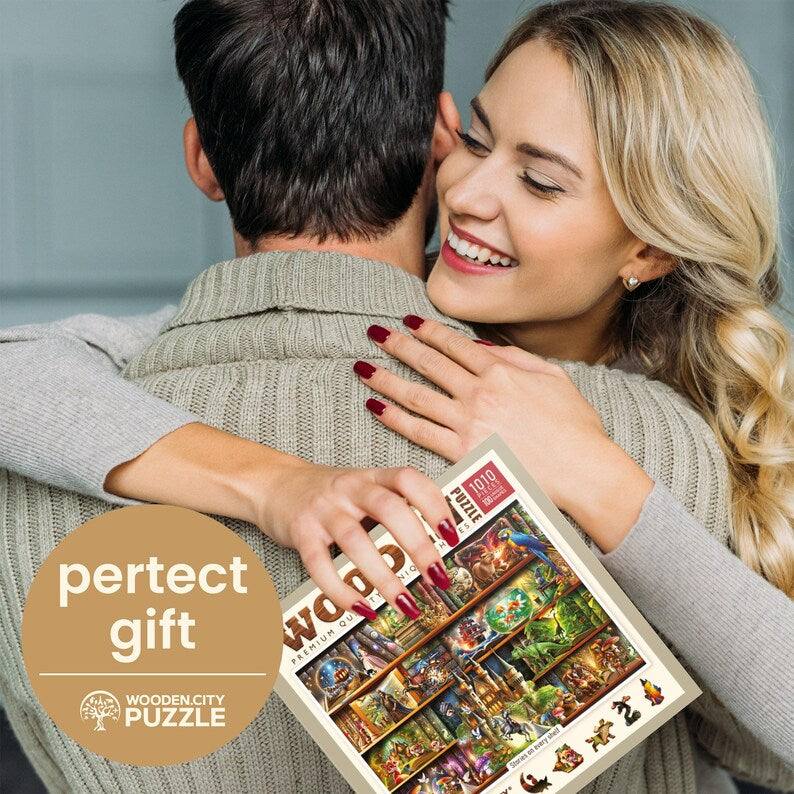 Wooden Jigsaw Puzzle “Stories on Every Shelf” – 1000 Piece Wooden Puzzle - Unique Unusual Jigsaw Puzzles with Shaped Pieces by Wooden.City