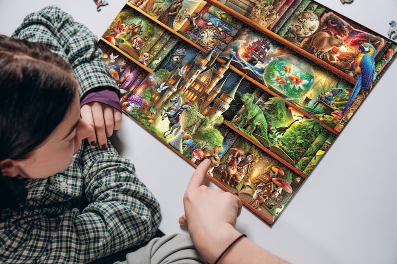 Wooden Jigsaw Puzzle “Stories on Every Shelf” – 1000 Piece Wooden Puzzle - Unique Unusual Jigsaw Puzzles with Shaped Pieces by Wooden.City