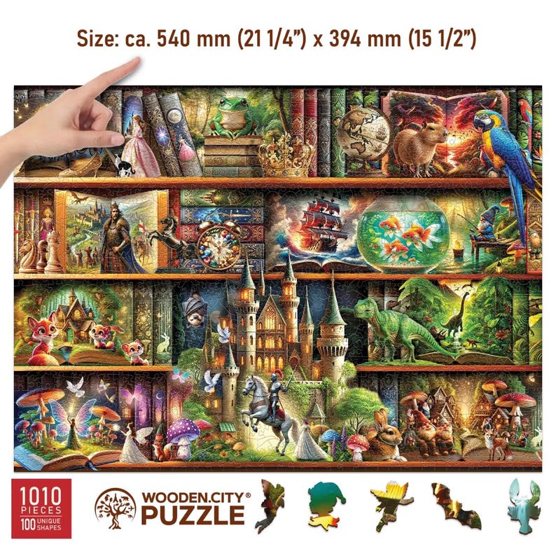 Wooden Jigsaw Puzzle “Stories on Every Shelf” – 1000 Piece Wooden Puzzle - Unique Unusual Jigsaw Puzzles with Shaped Pieces by Wooden.City
