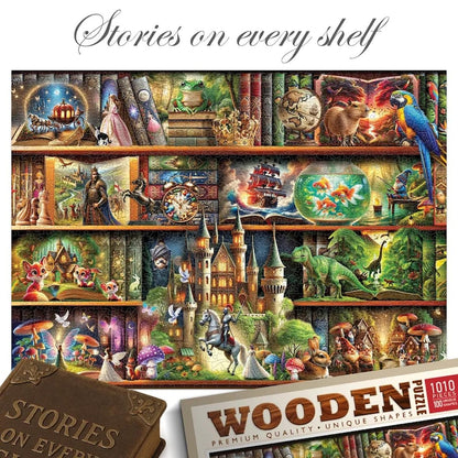 Wooden Jigsaw Puzzle “Stories on Every Shelf” – 1000 Piece Wooden Puzzle - Unique Unusual Jigsaw Puzzles with Shaped Pieces by Wooden.City