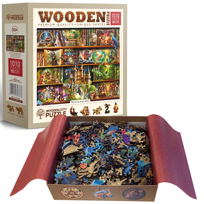 Wooden Jigsaw Puzzle “Stories on Every Shelf” – 1000 Piece Wooden Puzzle - Unique Unusual Jigsaw Puzzles with Shaped Pieces by Wooden.City
