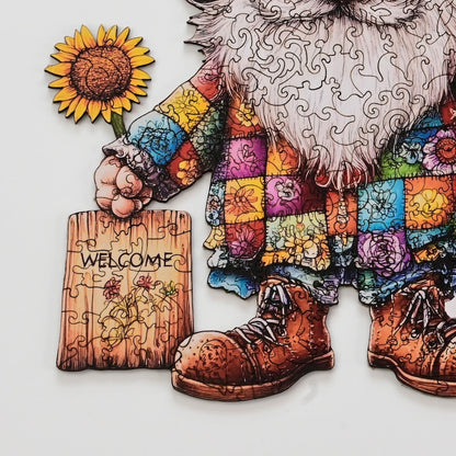 Garden Gnomes Wooden Jigsaw Puzzle for Adults - Unique Shaped Folk Art - 200 Pieces Colorful Summer Decor Self-care Gift - Premium Wood Box