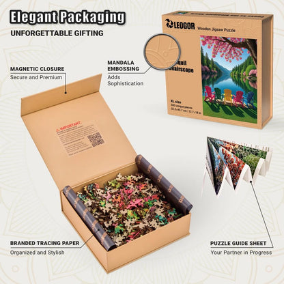 Extra-Thick 5mm Wooden Puzzle for Adults – 500 Pieces | Wood Puzzles Adult with Unique Hand-Shaped Pieces, Tranquil Chairscape