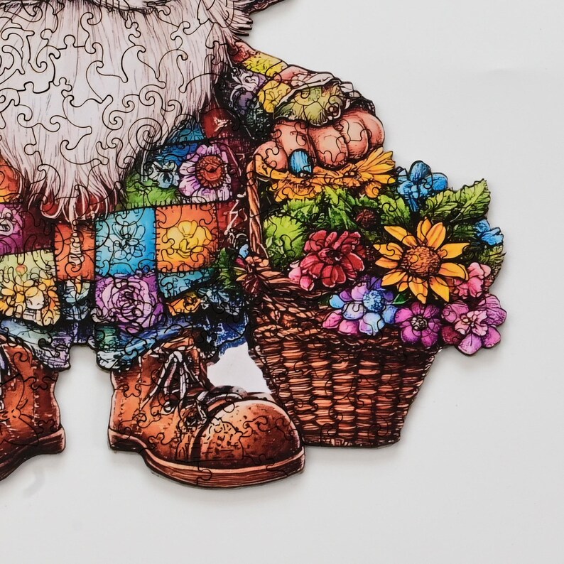 Garden Gnomes Wooden Jigsaw Puzzle for Adults - Unique Shaped Folk Art - 200 Pieces Colorful Summer Decor Self-care Gift - Premium Wood Box