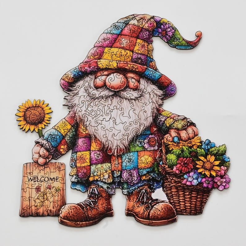 Garden Gnomes Wooden Jigsaw Puzzle for Adults - Unique Shaped Folk Art - 200 Pieces Colorful Summer Decor Self-care Gift - Premium Wood Box