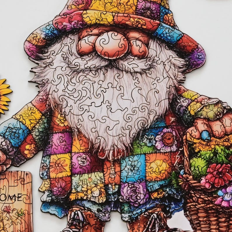 Garden Gnomes Wooden Jigsaw Puzzle for Adults - Unique Shaped Folk Art - 200 Pieces Colorful Summer Decor Self-care Gift - Premium Wood Box