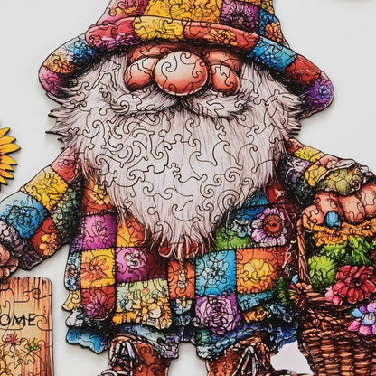 Garden Gnomes Wooden Jigsaw Puzzle for Adults - Unique Shaped Folk Art - 200 Pieces Colorful Summer Decor Self-care Gift - Premium Wood Box
