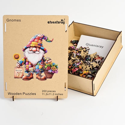 Garden Gnomes Wooden Jigsaw Puzzle for Adults - Unique Shaped Folk Art - 200 Pieces Colorful Summer Decor Self-care Gift - Premium Wood Box