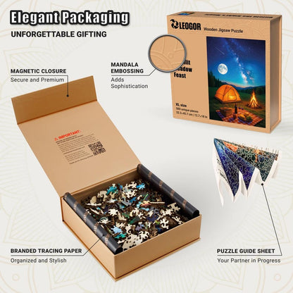 Extra-Thick 5mm Wooden Puzzle for Adults – 500 Pieces | Wood Puzzles Adult with Unique Hand-Shaped Pieces, Moonlit Meadow Feast