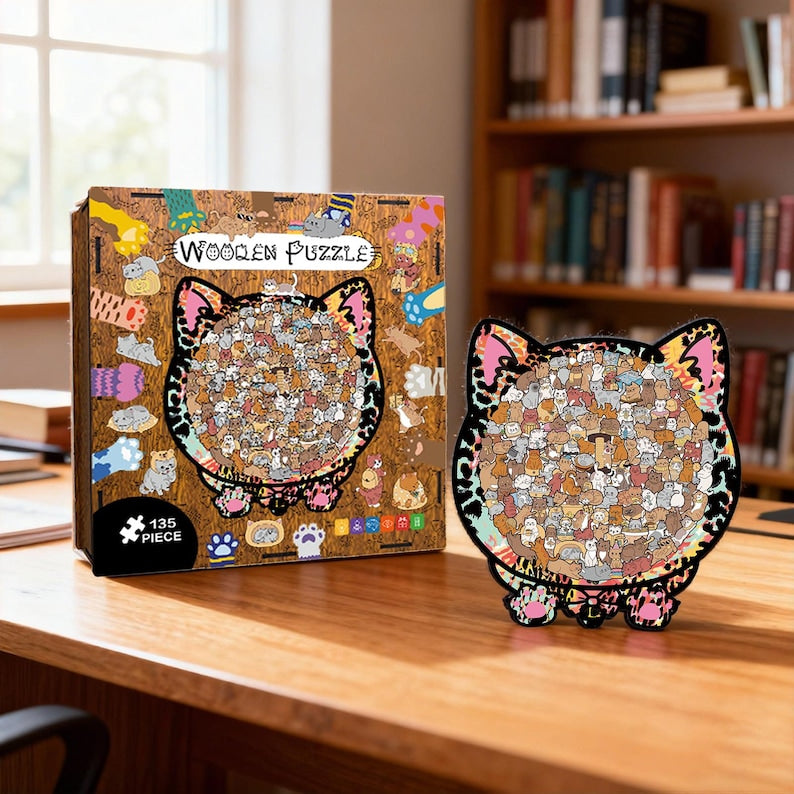 Wooden Cat Puzzle for Adults & Kids, 135PCS Cute Animal Jigsaw Gift, Cat-Shaped Wooden Puzzle, Unique Gift for Cat Lovers, Stress Relief Toy