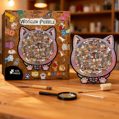 Wooden Cat Puzzle for Adults & Kids, 135PCS Cute Animal Jigsaw Gift, Cat-Shaped Wooden Puzzle, Unique Gift for Cat Lovers, Stress Relief Toy