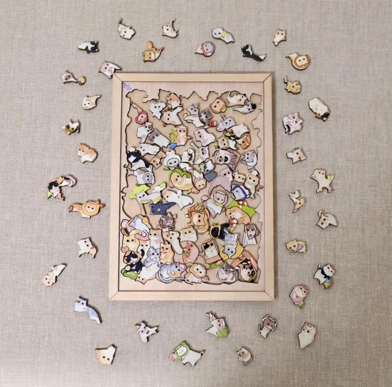Hand-Drawn Wooden Cat Jigsaw Puzzle - Unique Cat Lover Gift