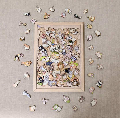 Hand-Drawn Wooden Cat Jigsaw Puzzle - Unique Cat Lover Gift