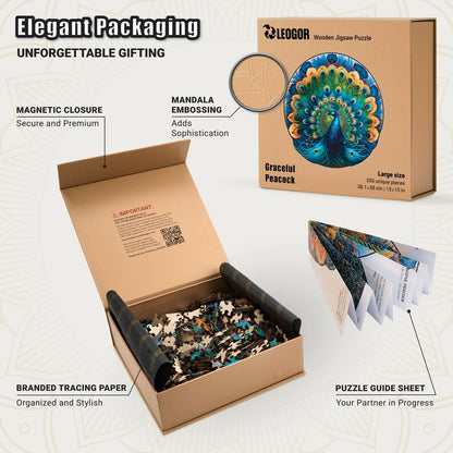 Extra-Thick 5mm Wooden Puzzle for Adults – 350 Pieces | Wood Puzzles Adult with Unique Hand-Shaped Pieces, Graceful Peacock
