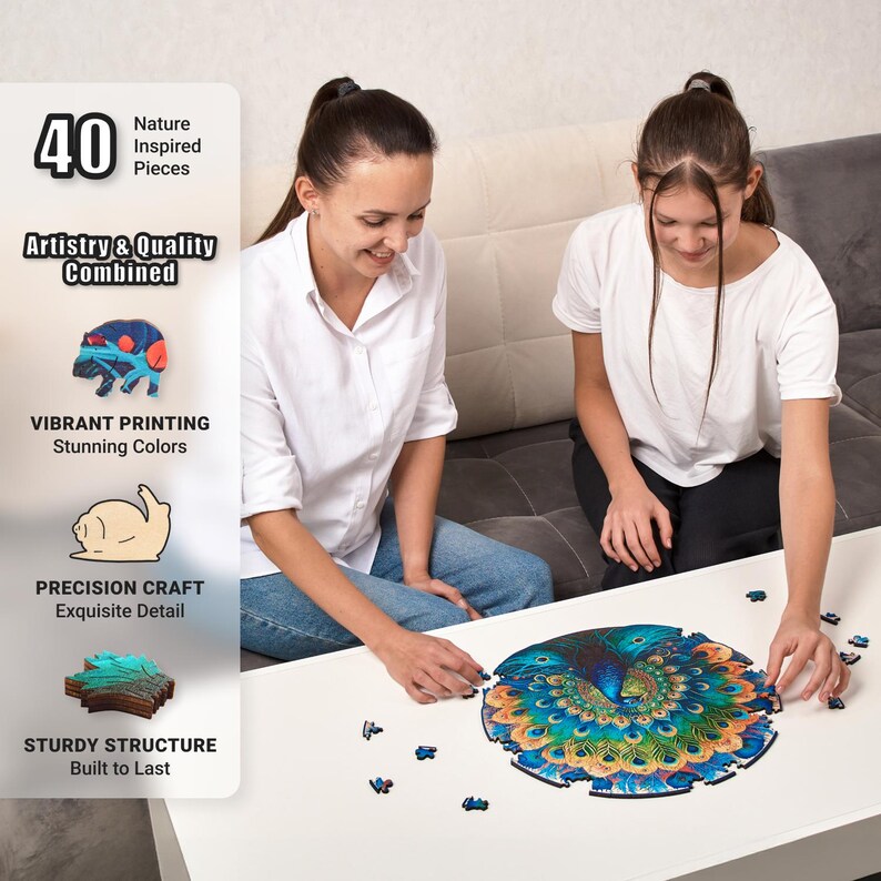 Extra-Thick 5mm Wooden Puzzle for Adults – 350 Pieces | Wood Puzzles Adult with Unique Hand-Shaped Pieces, Graceful Peacock