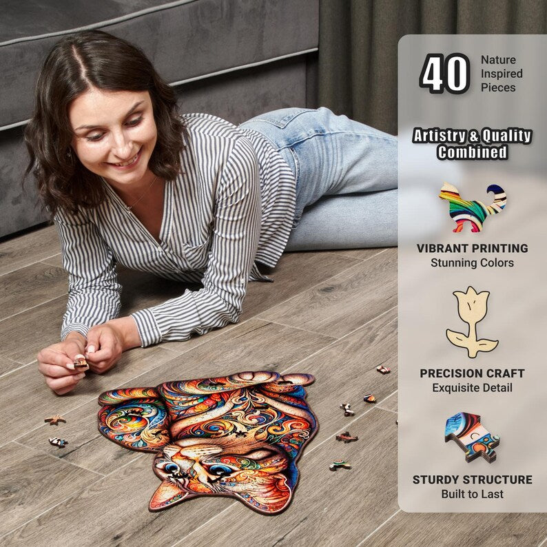 Extra-Thick 5mm Wooden Puzzle for Adults – 350 Pieces | Wood Puzzles Adult with Unique Hand-Shaped Pieces, Whiskered Cat Mosaic