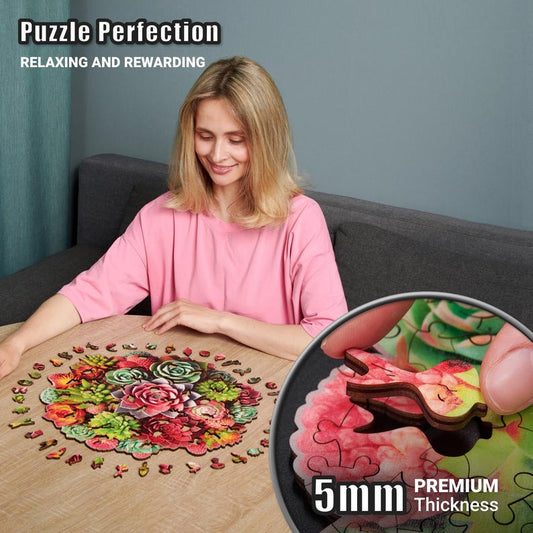 Extra-Thick 5mm Wooden Puzzle for Adults – 350 Pieces | Wood Puzzles Adult with Unique Hand-Shaped Pieces, Succulent Harmony