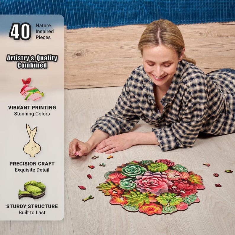 Extra-Thick 5mm Wooden Puzzle for Adults – 350 Pieces | Wood Puzzles Adult with Unique Hand-Shaped Pieces, Succulent Harmony