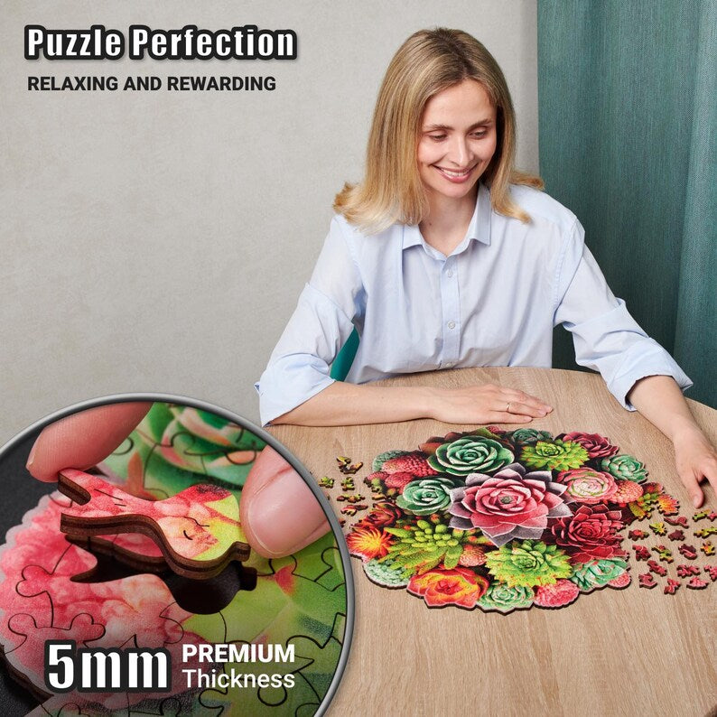 Extra-Thick 5mm Wooden Puzzle for Adults – 500 Pieces | Wood Puzzles Adult with Unique Hand-Shaped Pieces, Succulent Harmony