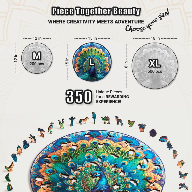 Extra-Thick 5mm Wooden Puzzle for Adults – 350 Pieces | Wood Puzzles Adult with Unique Hand-Shaped Pieces, Graceful Peacock