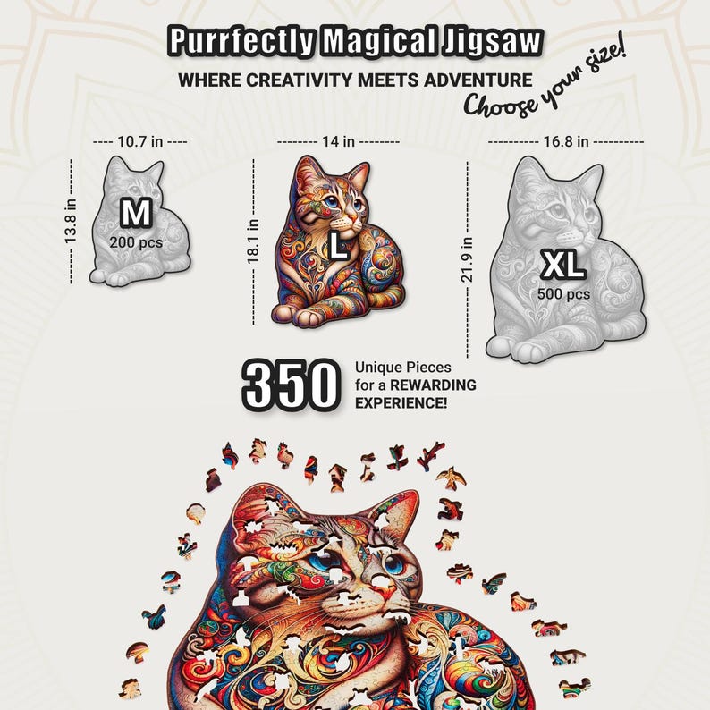 Extra-Thick 5mm Wooden Puzzle for Adults – 350 Pieces | Wood Puzzles Adult with Unique Hand-Shaped Pieces, Whiskered Cat Mosaic