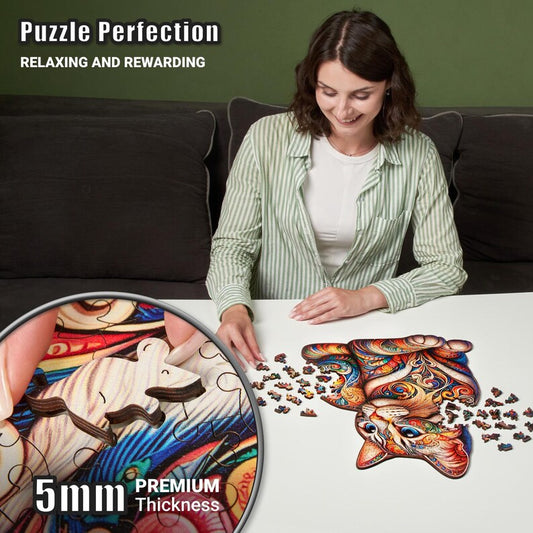Extra-Thick 5mm Wooden Puzzle for Adults – 350 Pieces | Wood Puzzles Adult with Unique Hand-Shaped Pieces, Whiskered Cat Mosaic