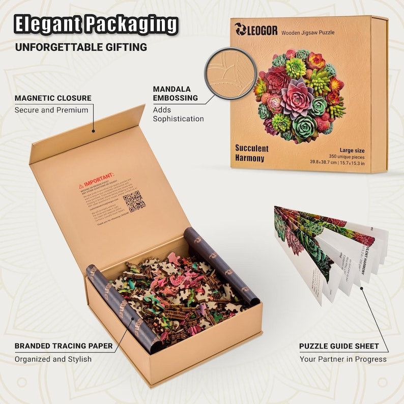 Extra-Thick 5mm Wooden Puzzle for Adults – 350 Pieces | Wood Puzzles Adult with Unique Hand-Shaped Pieces, Succulent Harmony