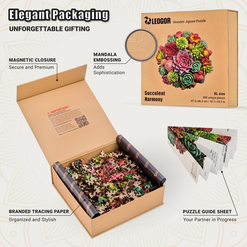 Extra-Thick 5mm Wooden Puzzle for Adults – 500 Pieces | Wood Puzzles Adult with Unique Hand-Shaped Pieces, Succulent Harmony