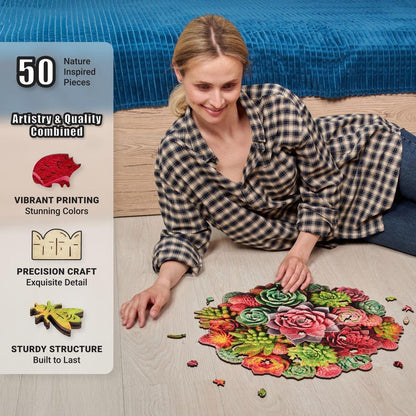 Extra-Thick 5mm Wooden Puzzle for Adults – 500 Pieces | Wood Puzzles Adult with Unique Hand-Shaped Pieces, Succulent Harmony