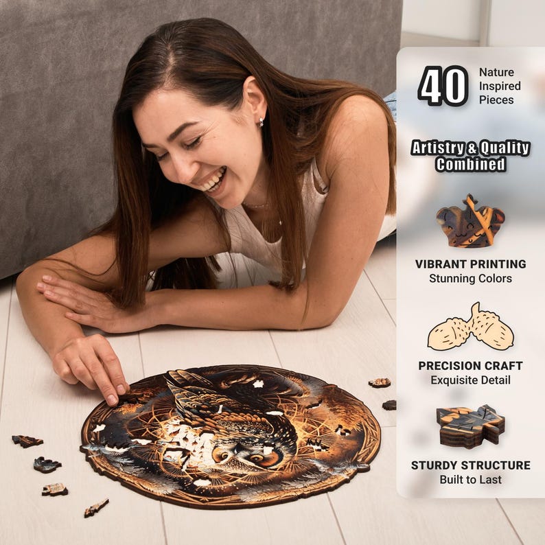 Extra-Thick 5mm Wooden Puzzle for Adults – 350 Pieces | Wood Puzzles Adult with Unique Hand-Shaped Pieces, Whimsical Owl Haven