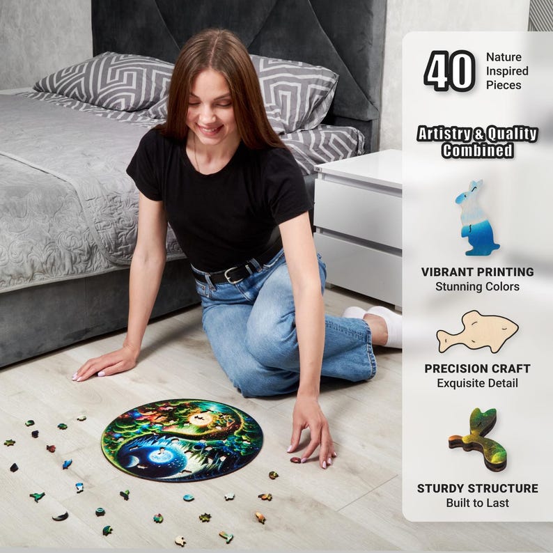 Extra-Thick 5mm Wooden Puzzle for Adults – 350 Pieces Wood Puzzles Adult with Unique Hand-Shaped Pieces, Yin Yang Nature's Balance