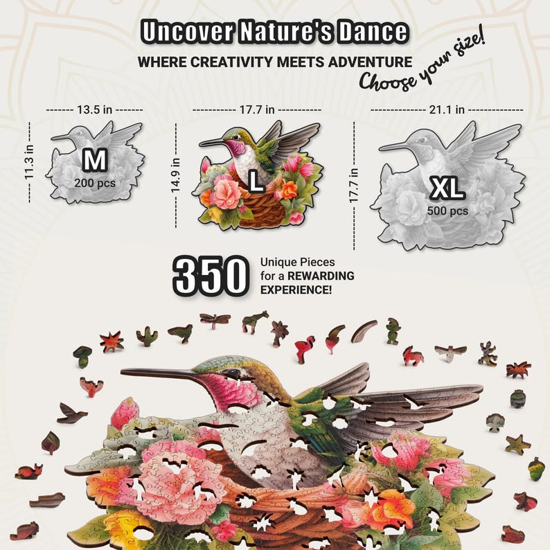 Extra-Thick 5mm Wooden Puzzle for Adults – 350 Pieces | Wood Puzzles Adult with Unique Hand-Shaped Pieces, Glorious Hummingbird