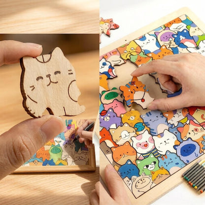 DIY Wooden Cat Puzzle Frame – Wooden Coloring Puzzle, Unique Handmade Gift for Cat Lovers, Paint Your Own Cat Art