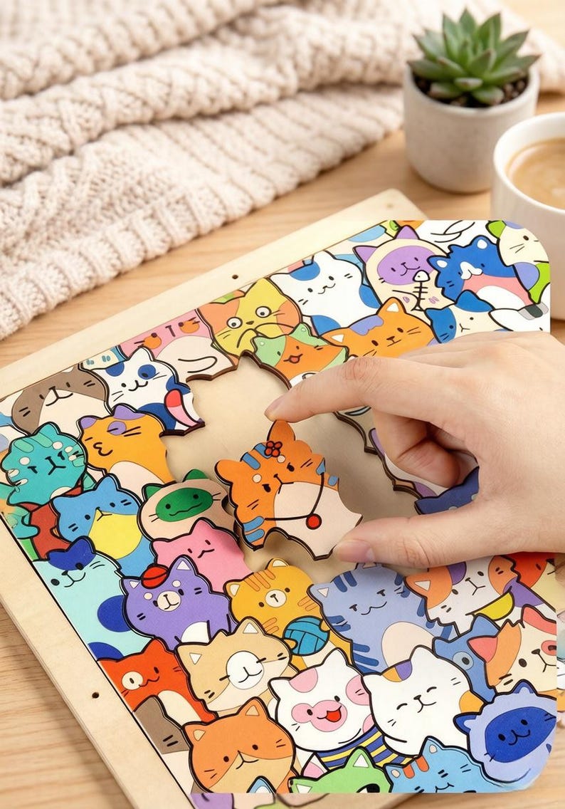 DIY Wooden Cat Puzzle Frame – Wooden Coloring Puzzle, Unique Handmade Gift for Cat Lovers, Paint Your Own Cat Art