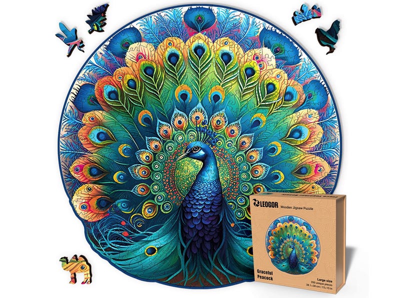 Extra-Thick 5mm Wooden Puzzle for Adults – 350 Pieces | Wood Puzzles Adult with Unique Hand-Shaped Pieces, Graceful Peacock
