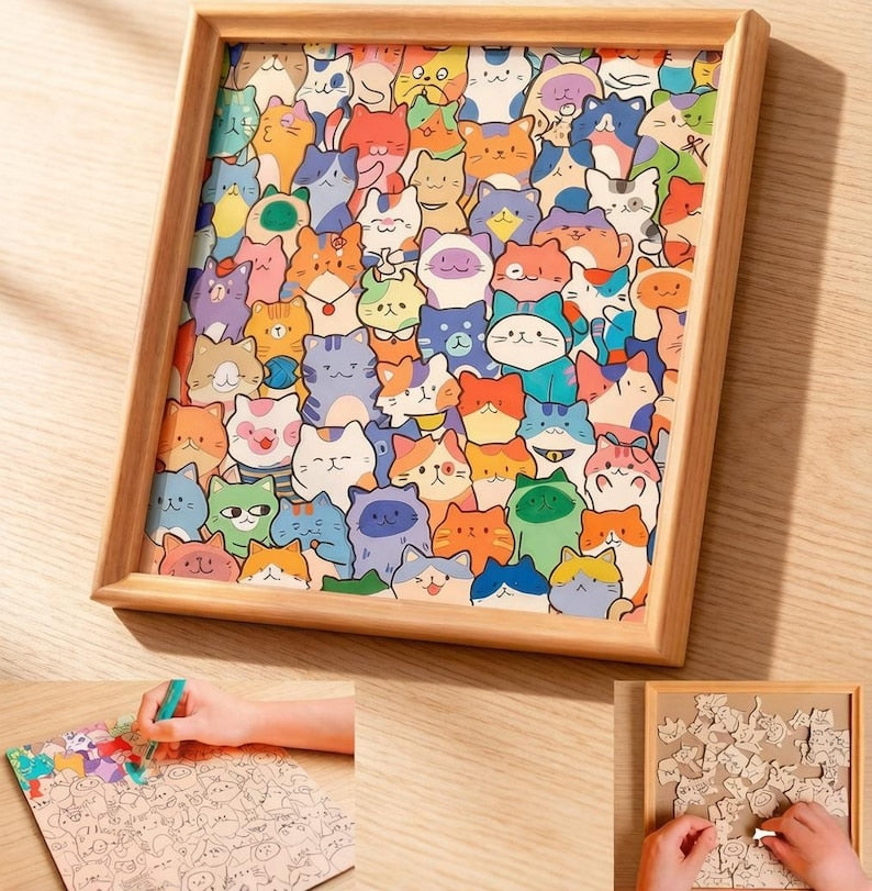 DIY Wooden Cat Puzzle Frame – Wooden Coloring Puzzle, Unique Handmade Gift for Cat Lovers, Paint Your Own Cat Art