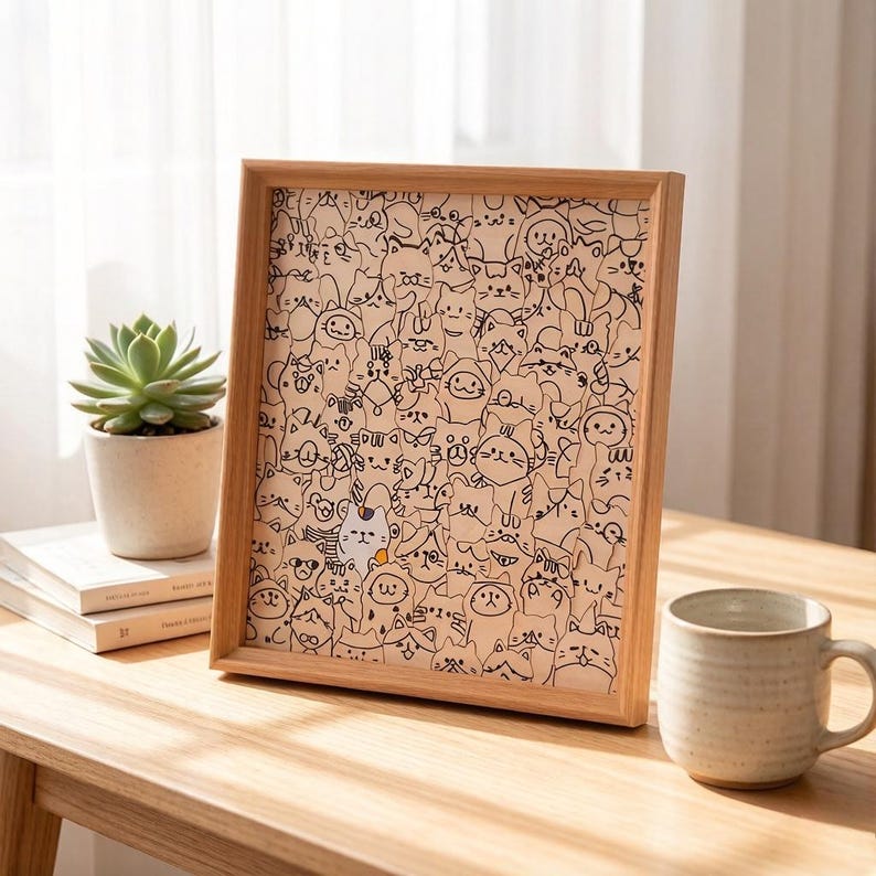 DIY Wooden Cat Puzzle Frame – Wooden Coloring Puzzle, Unique Handmade Gift for Cat Lovers, Paint Your Own Cat Art