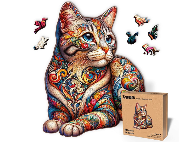 Extra-Thick 5mm Wooden Puzzle for Adults – 350 Pieces | Wood Puzzles Adult with Unique Hand-Shaped Pieces, Whiskered Cat Mosaic