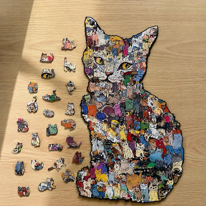 Wooden Cat Puzzle Toy: Challenging Animal Shaped Jigsaw for Adults and Kids