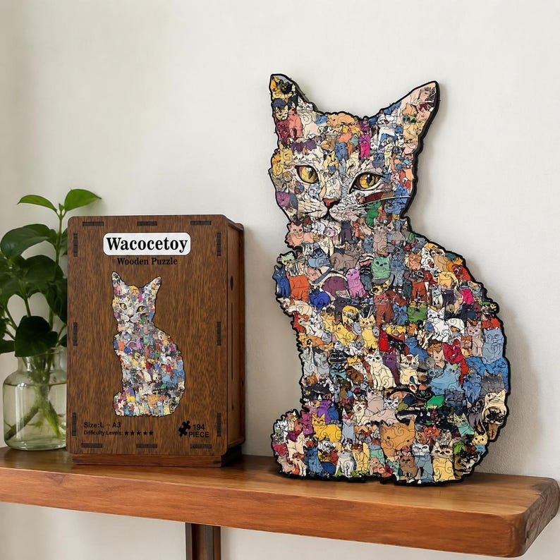 Wooden Cat Puzzle Toy: Challenging Animal Shaped Jigsaw for Adults and Kids