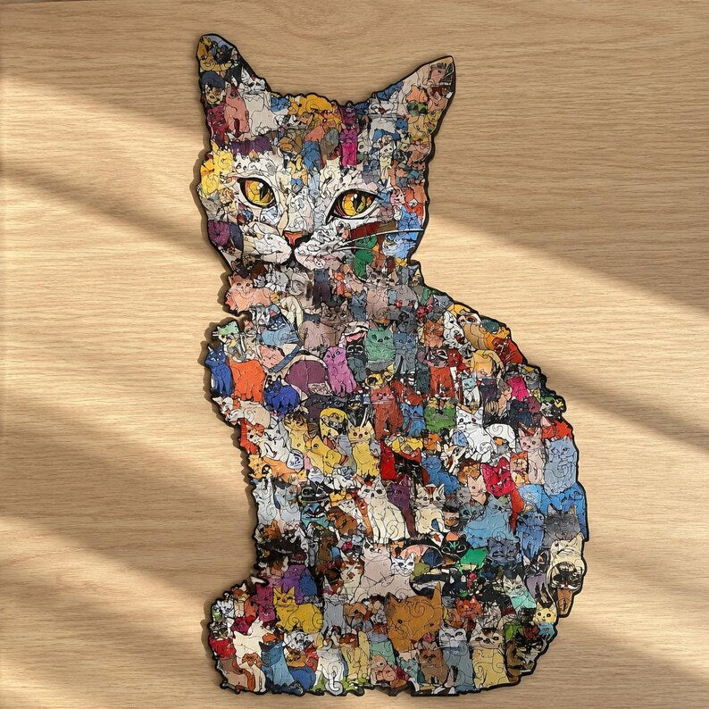 Wooden Cat Puzzle Toy: Challenging Animal Shaped Jigsaw for Adults and Kids